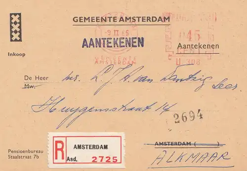 Niederlande: 1965: Einschreiben Amsterdam nach Alkmaar