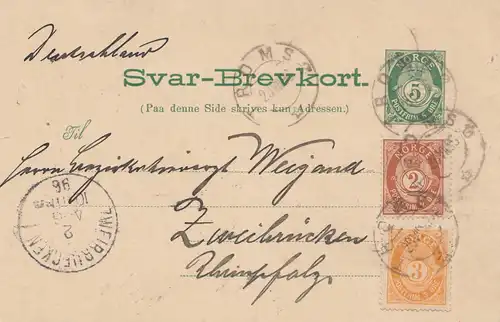 Norwegen: 1896: Ganzsache Romso nach Zweibrücken