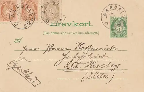Norwegen: 1908: Ganzsache Aandalsnes nach Herzberg