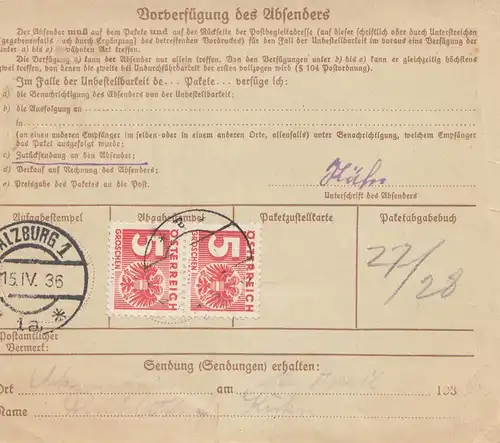 Autriche: 1936: Carte de paquet Salzbourg vers Krengelbach