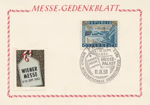 Österreich: 1953: Wiener Messe - Gedenkblatt