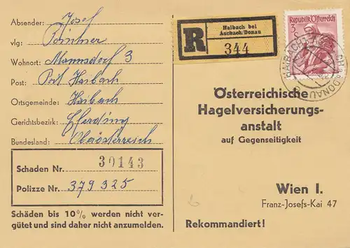 Autriche: 1958: Haibach vers Vienne- Hagelversicherung