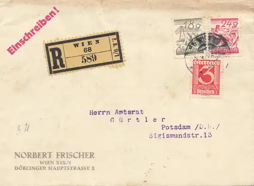 Autriche: 1920: Lettre recommandé Vienne après Postsdam