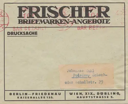 Autriche: 1924: Vienne - timbre gratuit -bar payé- à Potsdam