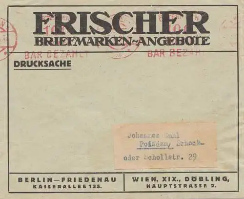 Österreich: 1924: Wien - Freistempel -bar bezahlt- nach Potsdam