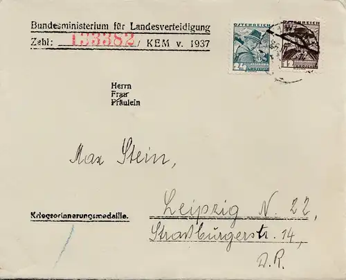 Österreich: 1937:Landesverteidigung Wien nach Leipzig: Kriegserinnerungsmedaille