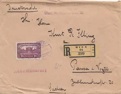 Österreich: 1921: Drucksache-Einschreiben Wien nach Pausa