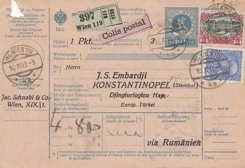 Österreich: 1915: Paketkarte Wien nach Konstatantionopel via Rumänien
