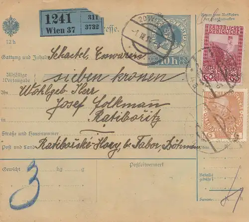 Österreich: 1914: Paketkarte Wien nach Ratiboritz