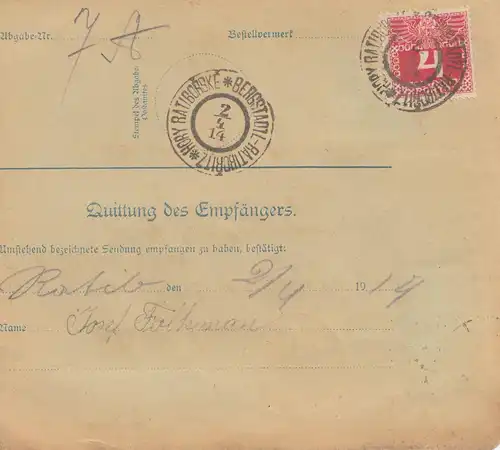 Autriche: 1914: Carte de Vienne vers Ratiboritz