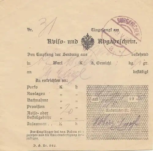 Österreich: 1920: Aviso- und Abgabenscheini Burgkirchen