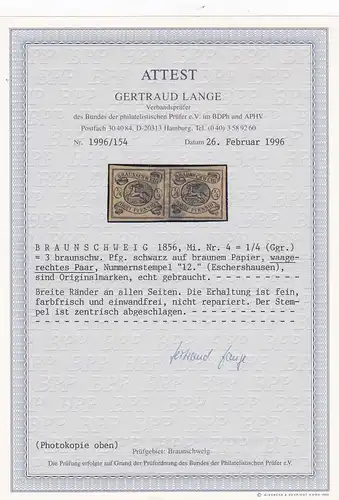 Braunschweig: Min. 4, couple horizontal, tamponné 12, Eschershausen, BPP Attest