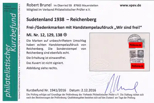 Sudetenland: Min. 12, 129, 138, stamped Reichenberg