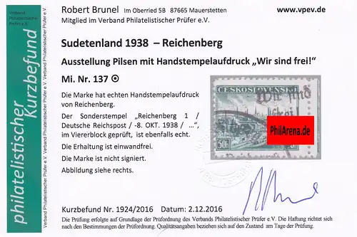 Sudètes: MiNr. 137, cacheté, Reichenberg 1