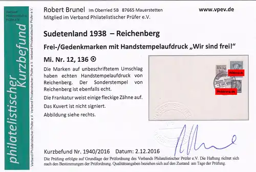 Sudetenland: MiNr. 12, 136, gestempelt, Reichenberg 1