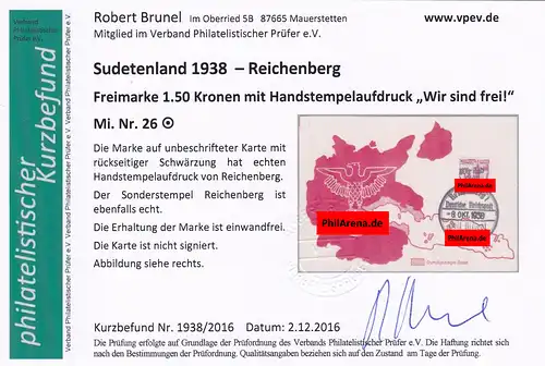 Sudètes: MiNr. 25 sur carte de propagande, timbre Reichenberg Nous sommes libres