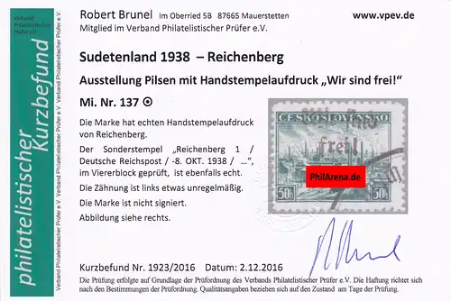 Sudetenland: MiNr. 137, gestempelt, Reichenberg 1
