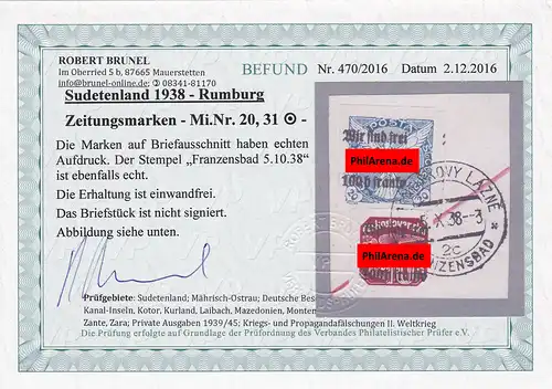 Sudetenland: Zeitungsmarken MiNr. 20,31, gestempelt Franzensbad