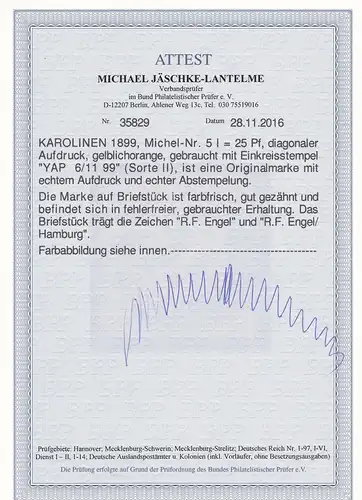 Colonies allemandes: Carolines: MiNr. 5I, YAP 1899, BPP Attest