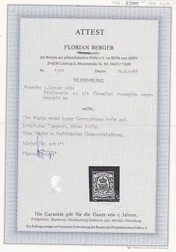 Oldenburg: MiNr. 10b, *, BPP Attest