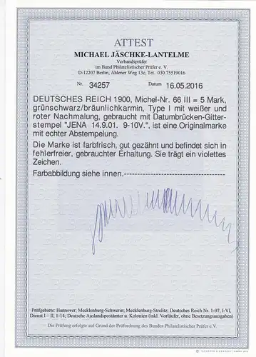Reich allemand: Min. 66 III, cacheté Jena 1901, BPP Attest