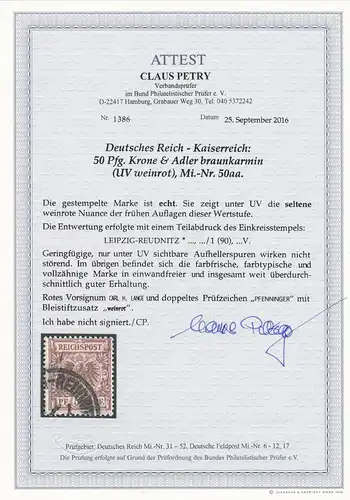 Deutsches Reich: MiNr. 50aa, gestempelt, Leipzig-Reudnitz,BPP Attest