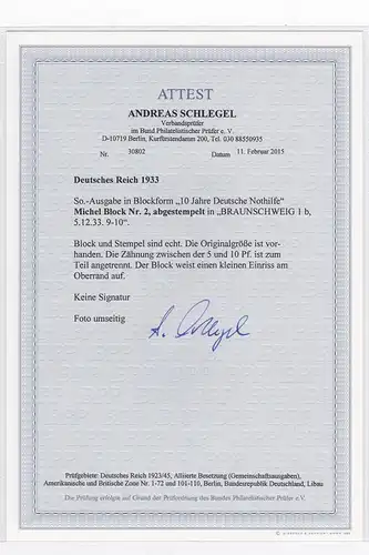 Reich allemand: bloc n° 2 Aide d'urgence, tamponné Braunschweig, BPP Attest