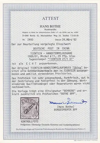 Colonies allemandes: Chine: Min. 11 , Tientsin 1901, cacheté, BPP Attest