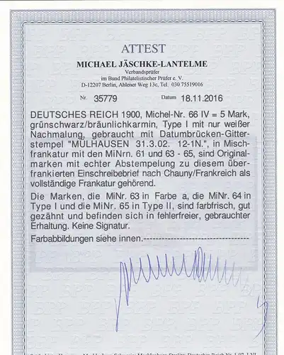 Deutsches Reich:MiNr. 61, 63-66 auf R-Brief (66 IV Type I) auf Brief, BPP Attest