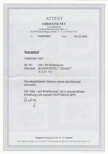 Saar: Mi Nr. 144-150, cacheté, BPP Battest