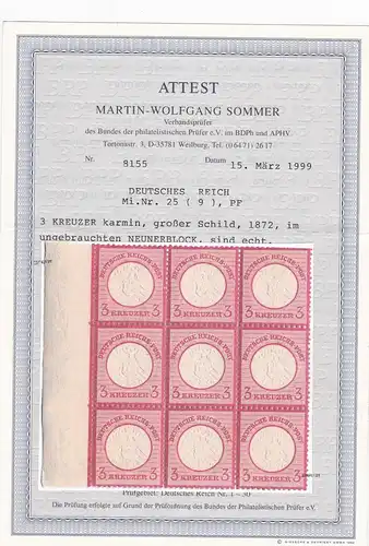 Deutsches Reich: 25 (9er Block), postfrisch, 1x Plattenfehler, BPP Attest