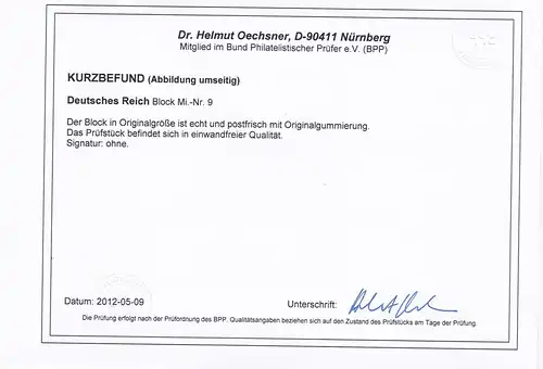 Reich allemand: bloc 9, frais, **, BPP résultats