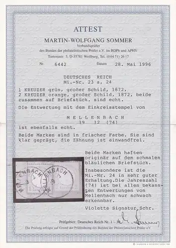 Reich allemand: MiNr.23a,24 sur le porte-lettre, Mellenbach, cacheté, BPP Attest
