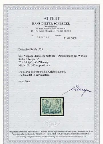 Deutsches Reich: MiNr. 505 A, postfrisch, BPP Attest