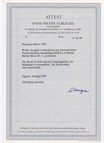 Reich allemand: bloc n° 1, IPOSTA 1930, post-freisch, BPP Attest