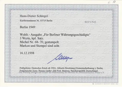 Berlin: MiNr. 68-70, gestempelt, BPP Befund
