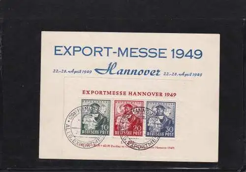 Alliierte Besetzung 1949: Block Nr. 1a auf Blankokarte mit Messe-Ersttagsstempel