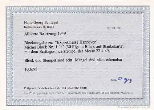 Alliierte Besetzung 1949: Block Nr. 1a auf Blankokarte mit Messe-Ersttagsstempel