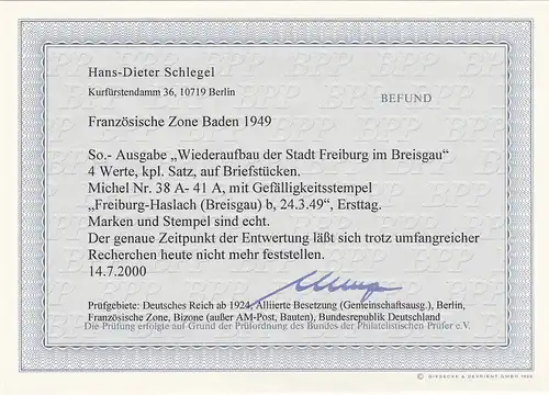 Zone française: MiN° 38A - 41A, cachet de Fribourg Haslach 1949, BPP résultat
