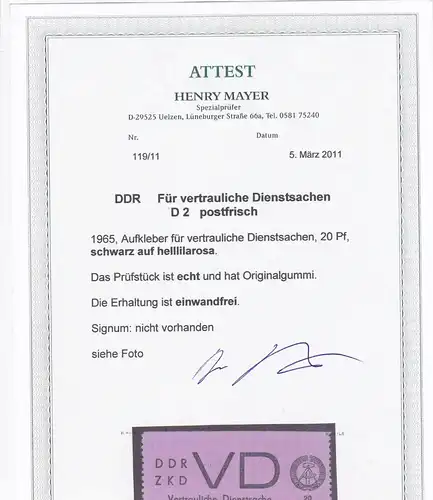 DDR: MiNr. D2, Vertrauliche Dienstsache, postfrisch