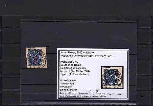 Reich allemand: gouvernement Wiesbaden,MiN° 7, Type II,b, cacheté, BPP résultat