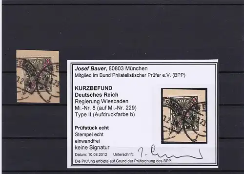 Deutsches Reich: Regierung Wiesbaden,MiNr. 8, Type II,b, gestempelt, BPP Befund
