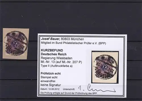 Reich allemand: gouvernement Wiesbaden,MiN° 13, Type II,a, cacheté, BPP résultat