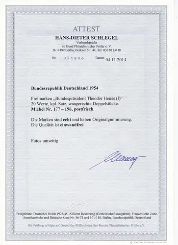 Bund: MiNr. 177-196, en couple horizontal, frais de port, BPP Attest