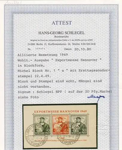 BiZone: Block 1a, Ersttag-Sonderstempel, mit BPP Attest