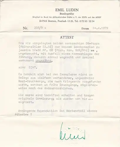 Reich allemand: MiNr. 909-910, denture partielle dans la paire verticale, BPP Attest