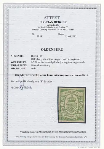 Oldenburg: Michel n° 10b, sans caoutchouc, BPP Attest