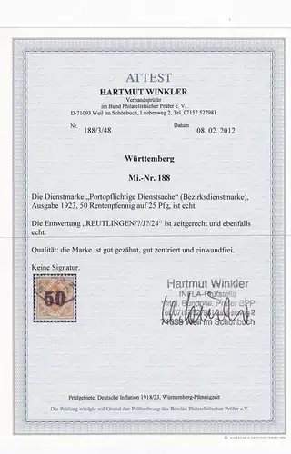 Wurtemberg: numéro 84-89, cacheté, avec BPP Attest pour le no 89