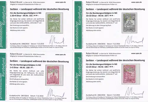 Serbien: MiNr. 100I, 101I, 106I und 107I, postfrisch