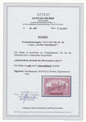 Danzig: MiNr. 48, postfrisch, Klischeefleck, BPP Attest